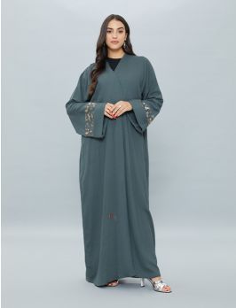 Open Abaya With Embroidery & Folded Sleeves