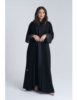 Black Chic Open Abaya Wide Organza Cuff With Lace